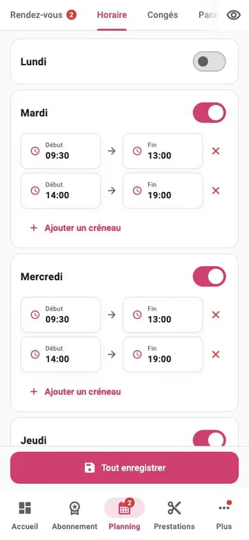 Réglage des horaires dans BeautyGo Pro : mardi et mercredi en deux plages, le matin et l'après-midi.