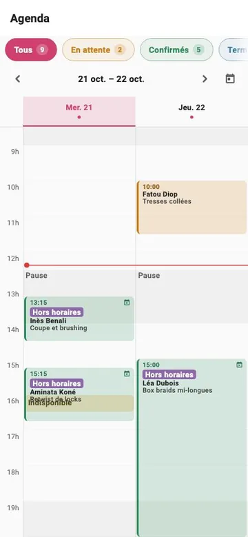 Deux jours du planning : la pause de midi et les rendez-vous de l'après-midi, dont deux posés hors horaires.