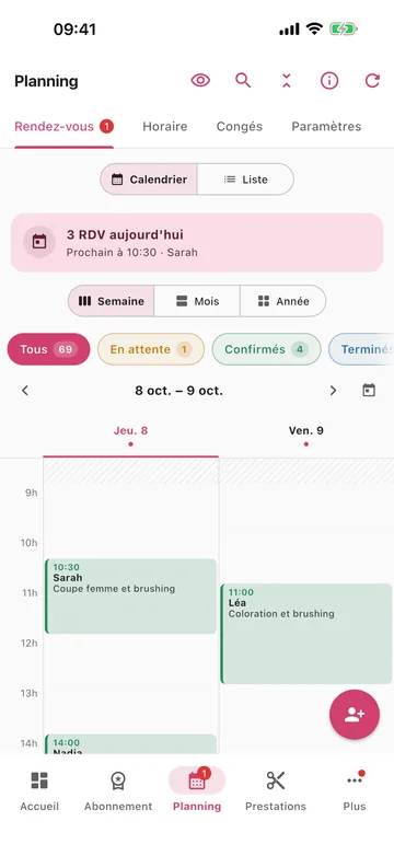 Planning de la semaine dans BeautyGo Pro : les rendez-vous du jour, des filtres par état et la vue semaine.