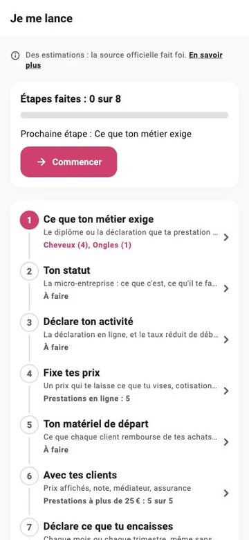 Je me lance : étapes faites, prochaine étape, puis la liste des huit étapes, dont « Ce que ton métier exige » pour les prestations cheveux et ongles.