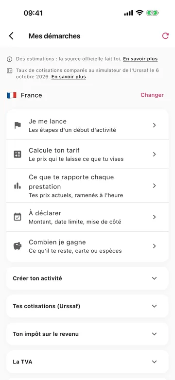 Mes démarches dans BeautyGo Pro : Je me lance, Calcule ton tarif, Ce que rapporte chaque prestation, À déclarer et Combien je gagne.