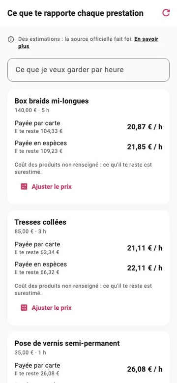 Ce que te rapporte chaque prestation : pour chaque prestation, ce qu'il reste par heure, par carte et en espèces, et un bouton pour ajuster le prix.
